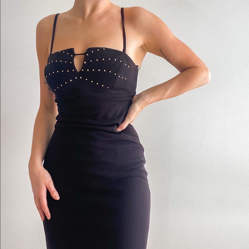 Caché black bodycon midi dress with gold details